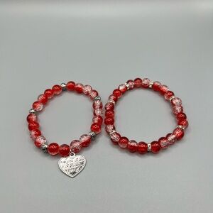🆕 Elegant Red Beaded Bracelet Set with Heart Charm - Handmade #152